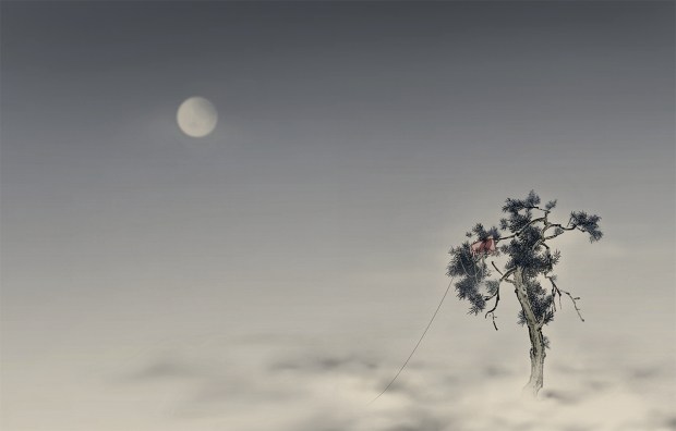 Regina Linke for The Oxherd Boy illustration of a kite caught in an old pine tree bursting through a sea of clouds at night lit by a full moon